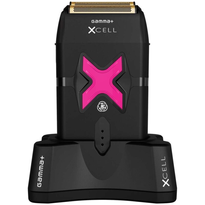 Gamma+ XCell Shaver sobre base de carga – estación de carga magnética con diseño estable y funcional."