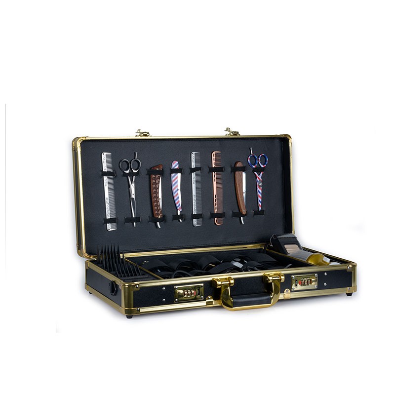 MALETÍN PROFESIONAL BARBERO GOLD – ORGANIZADOR DE HERRAMIENTAS CON ACABADO DORADO