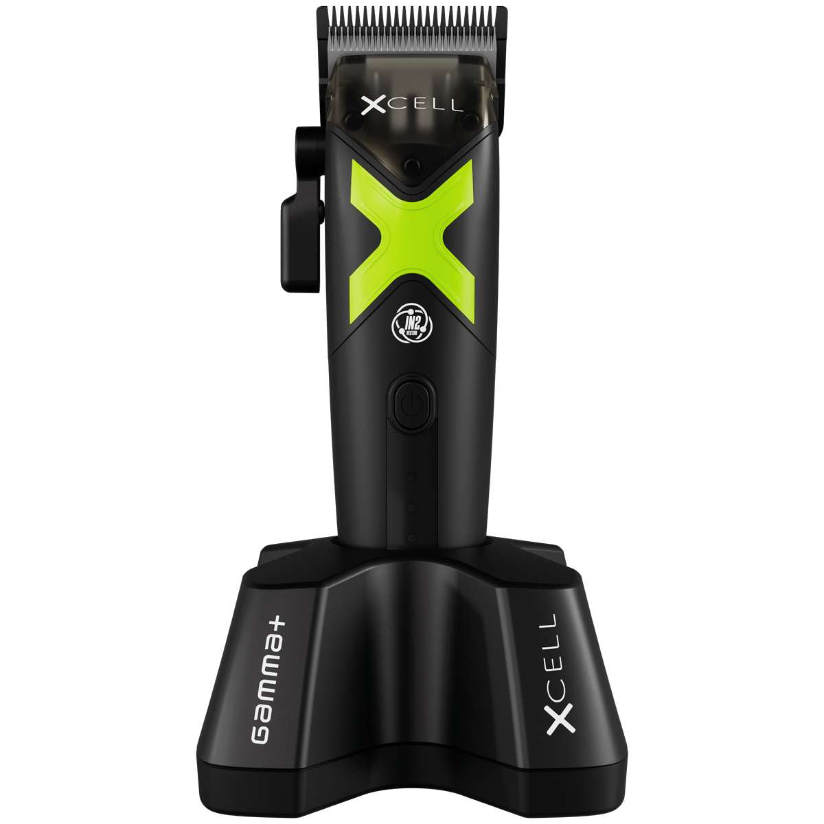 Gamma+ XCell Clipper en base de carga diseño ligero y equilibrado para uso profesional intensivo en barbería.
