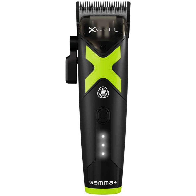 Detalle de la cuchilla DLC Black Diamond de la Gamma+ XCell – precisión extrema para fades y cortes técnicos.